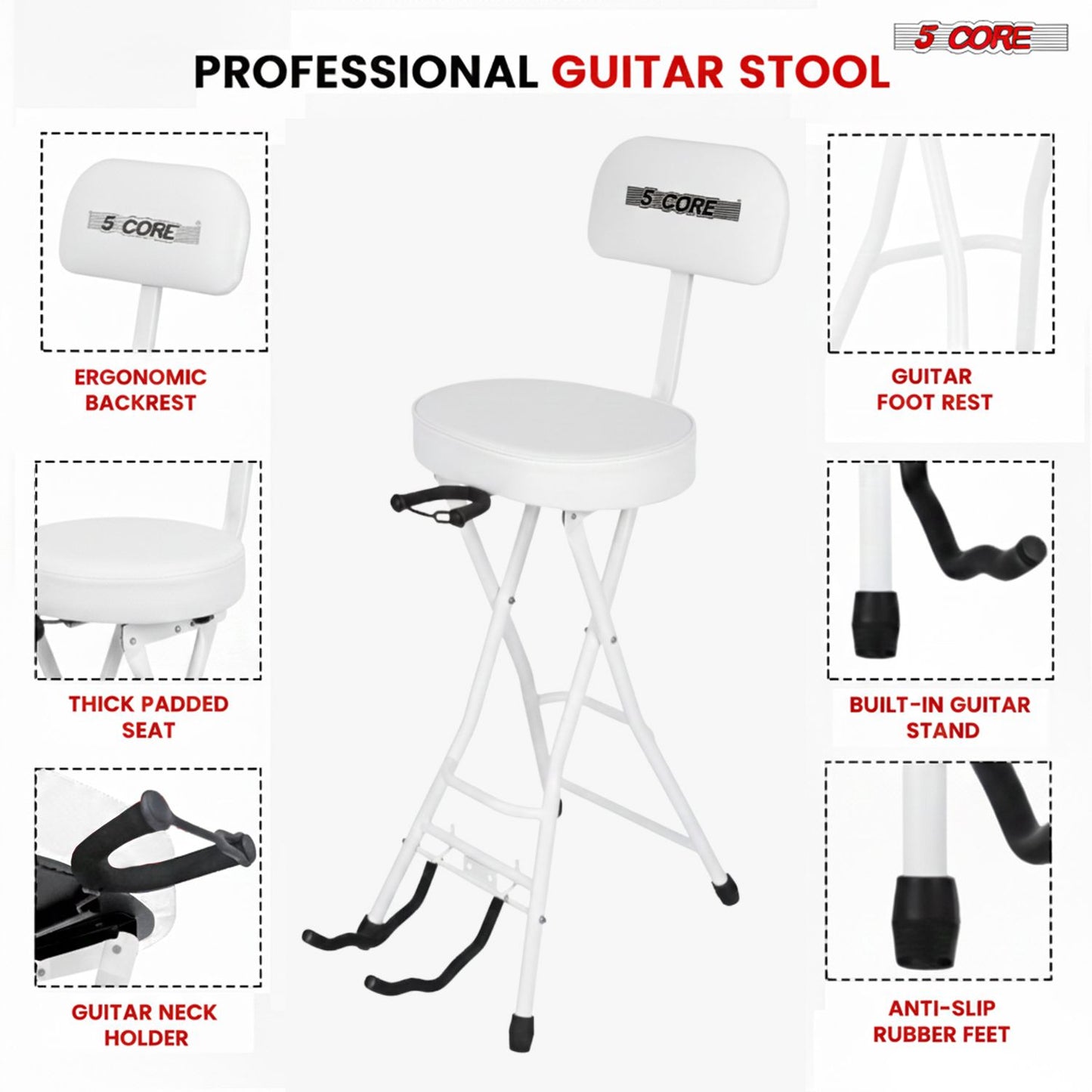 Padded Guitar Stool with Backrest, Built-in Stand & Footrest
