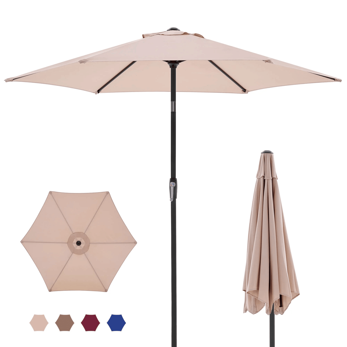 7.5ft Outdoor Patio Umbrella with Tilt Button & Hand Crank, 6-Rib UV-Resistant Waterproof Canopy