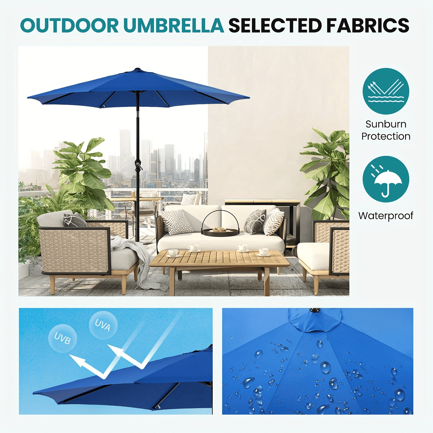 7.5ft Outdoor Patio Umbrella with Tilt Button & Hand Crank, 6-Rib UV-Resistant Waterproof Canopy