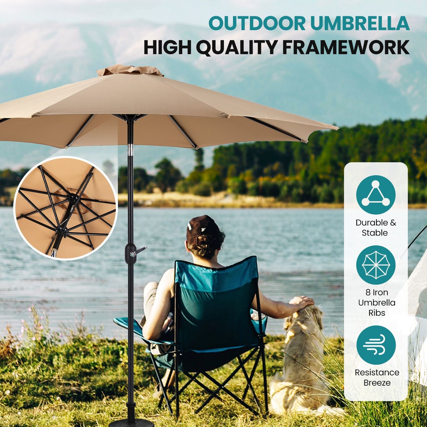 7.5ft Outdoor Patio Umbrella with Tilt Button & Hand Crank, 6-Rib UV-Resistant Waterproof Canopy