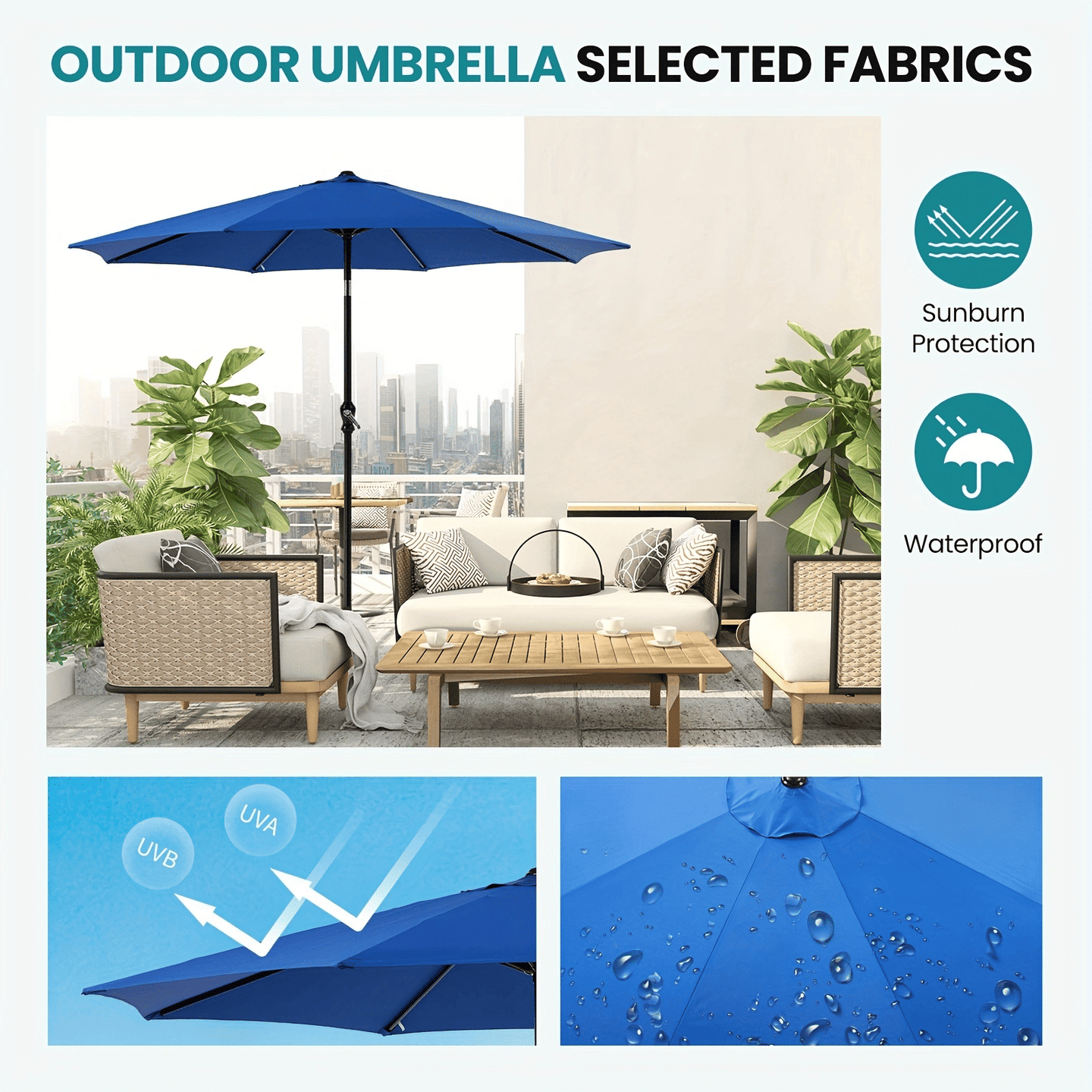 7.5ft Outdoor Patio Umbrella with Tilt Button & Hand Crank, 6-Rib UV-Resistant Waterproof Canopy