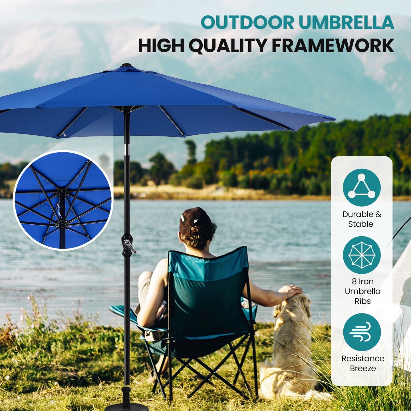 7.5ft Outdoor Patio Umbrella with Tilt Button & Hand Crank, 6-Rib UV-Resistant Waterproof Canopy