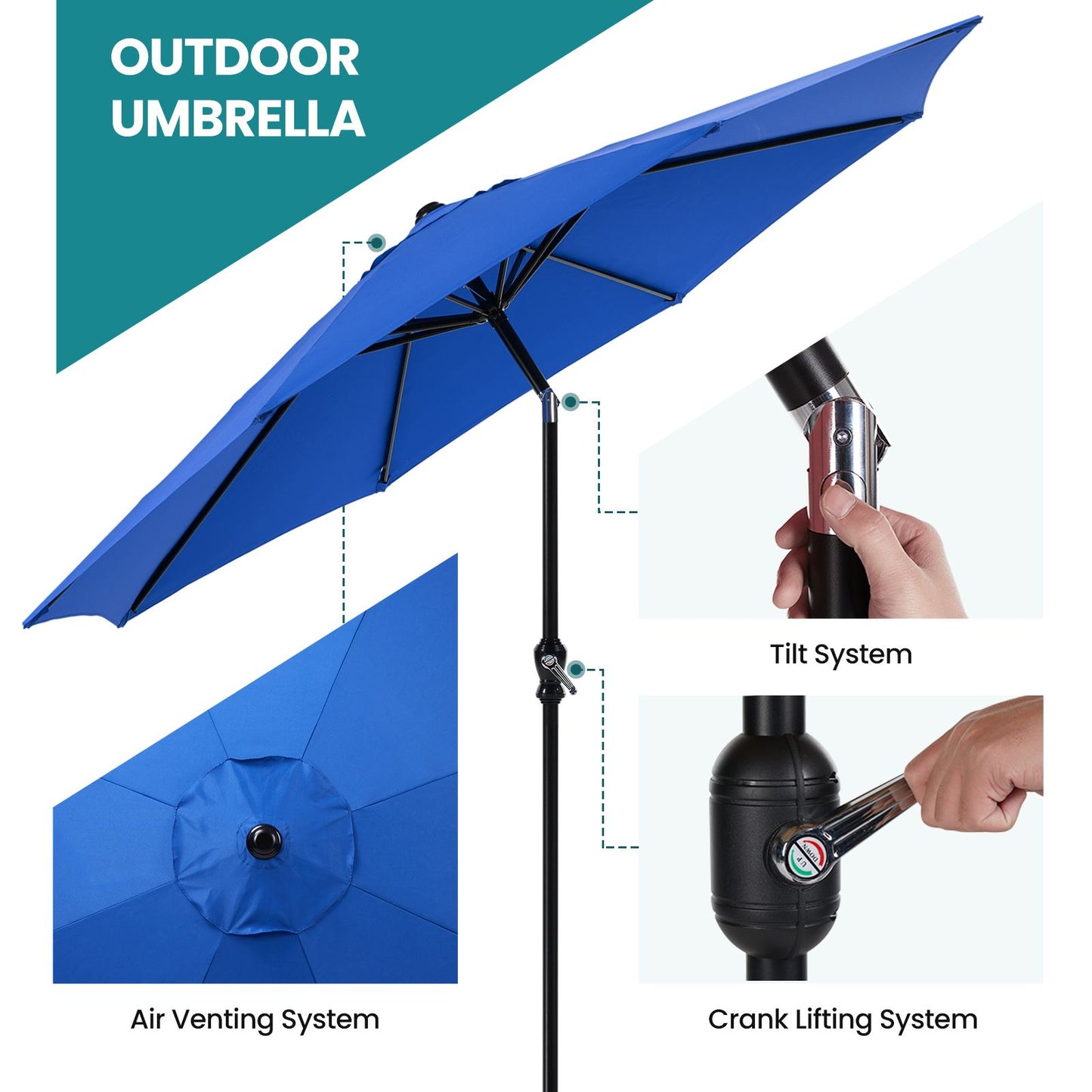 7.5ft Outdoor Patio Umbrella with Tilt Button & Hand Crank, 6-Rib UV-Resistant Waterproof Canopy