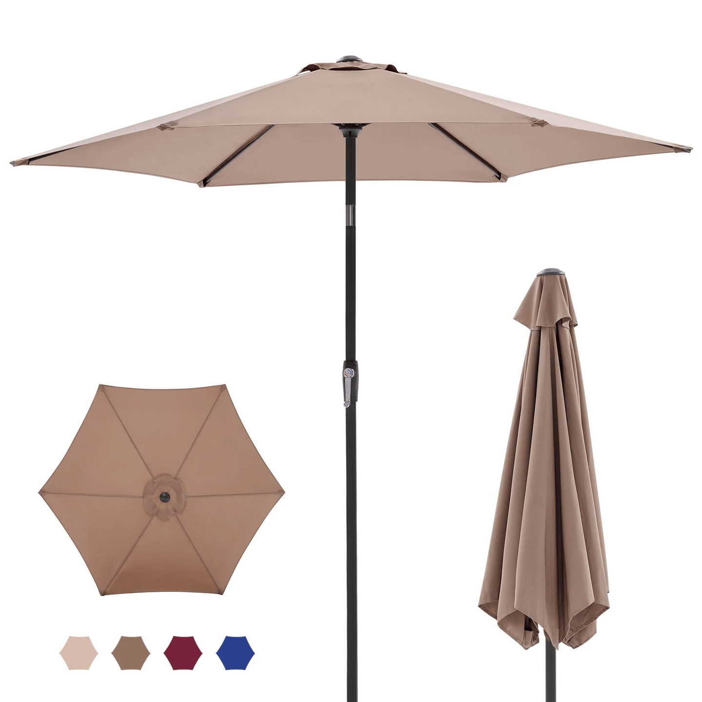 7.5ft Outdoor Patio Umbrella with Tilt Button & Hand Crank, 6-Rib UV-Resistant Waterproof Canopy
