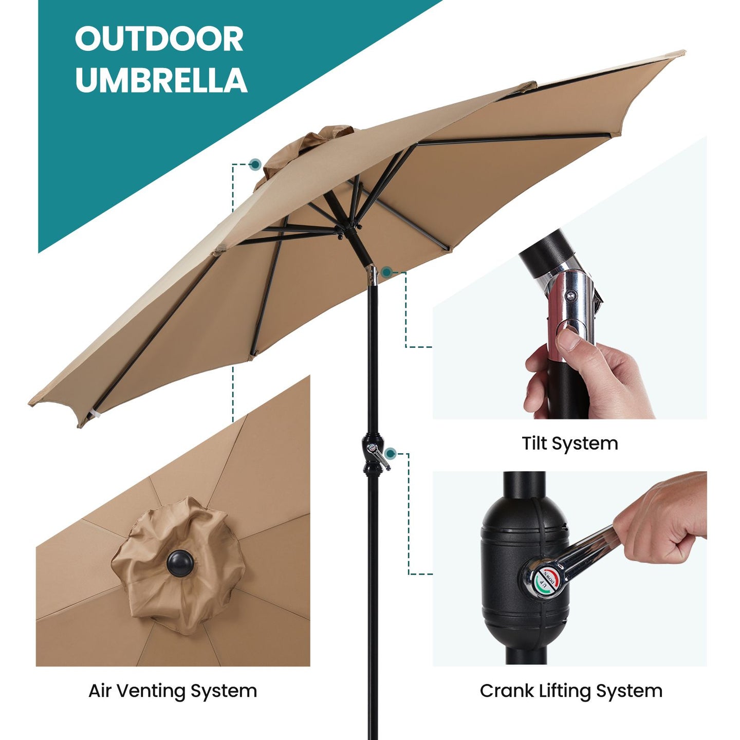 7.5ft Outdoor Patio Umbrella with Tilt Button & Hand Crank, 6-Rib UV-Resistant Waterproof Canopy