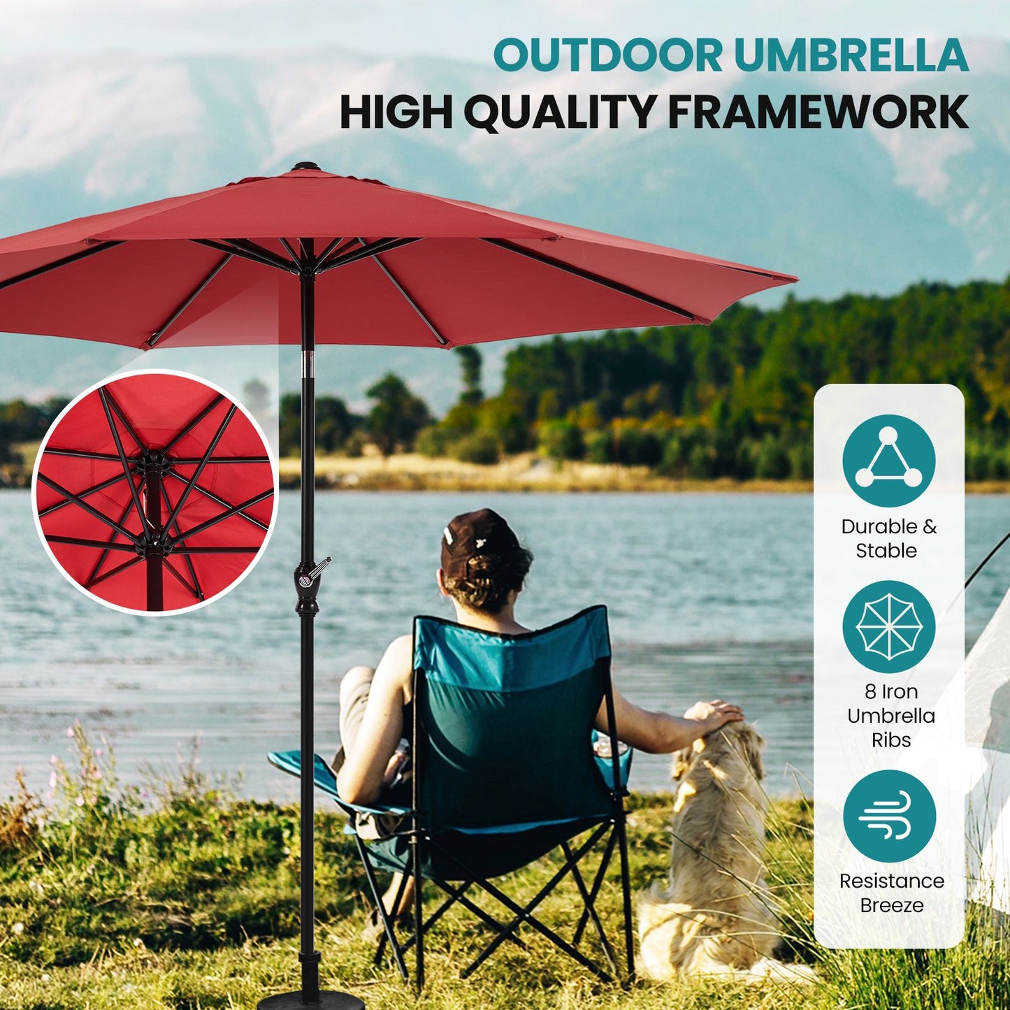 7.5ft Outdoor Patio Umbrella with Tilt Button & Hand Crank, 6-Rib UV-Resistant Waterproof Canopy