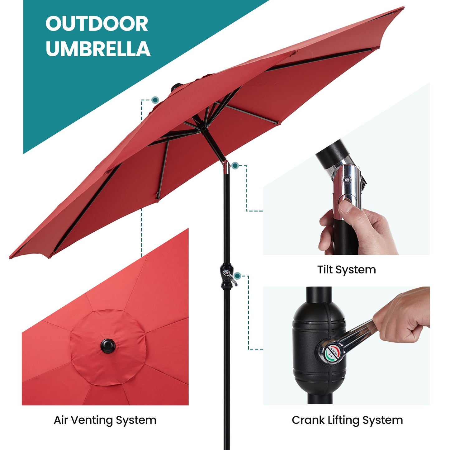 7.5ft Outdoor Patio Umbrella with Tilt Button & Hand Crank, 6-Rib UV-Resistant Waterproof Canopy