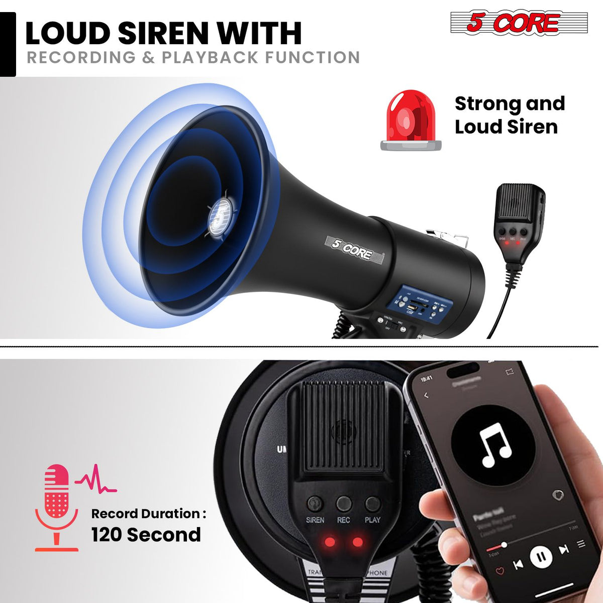5 Core Megaphone 50W Bluetooth Rechargeable Portable Bullhorn 1100 Yards w Siren