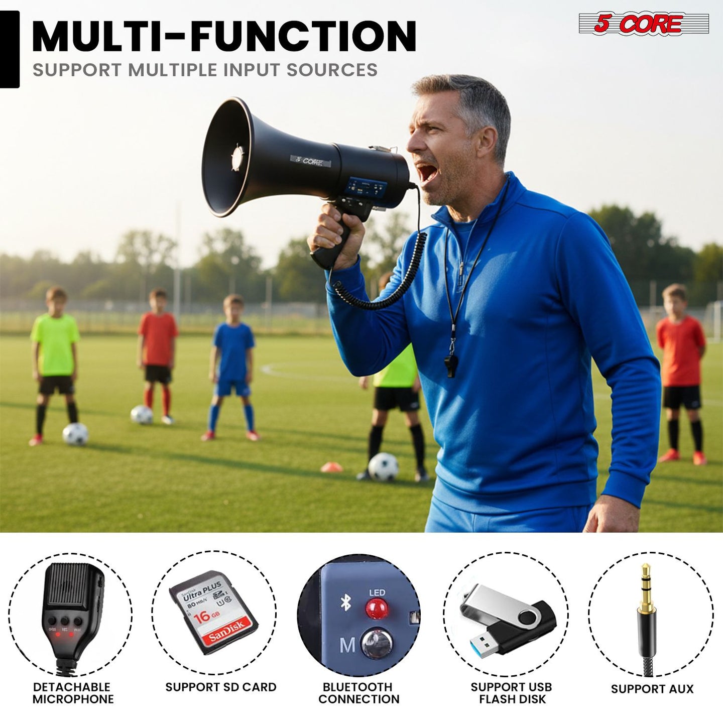 5 Core Megaphone 50W Bluetooth Rechargeable Portable Bullhorn 1100 Yards w Siren