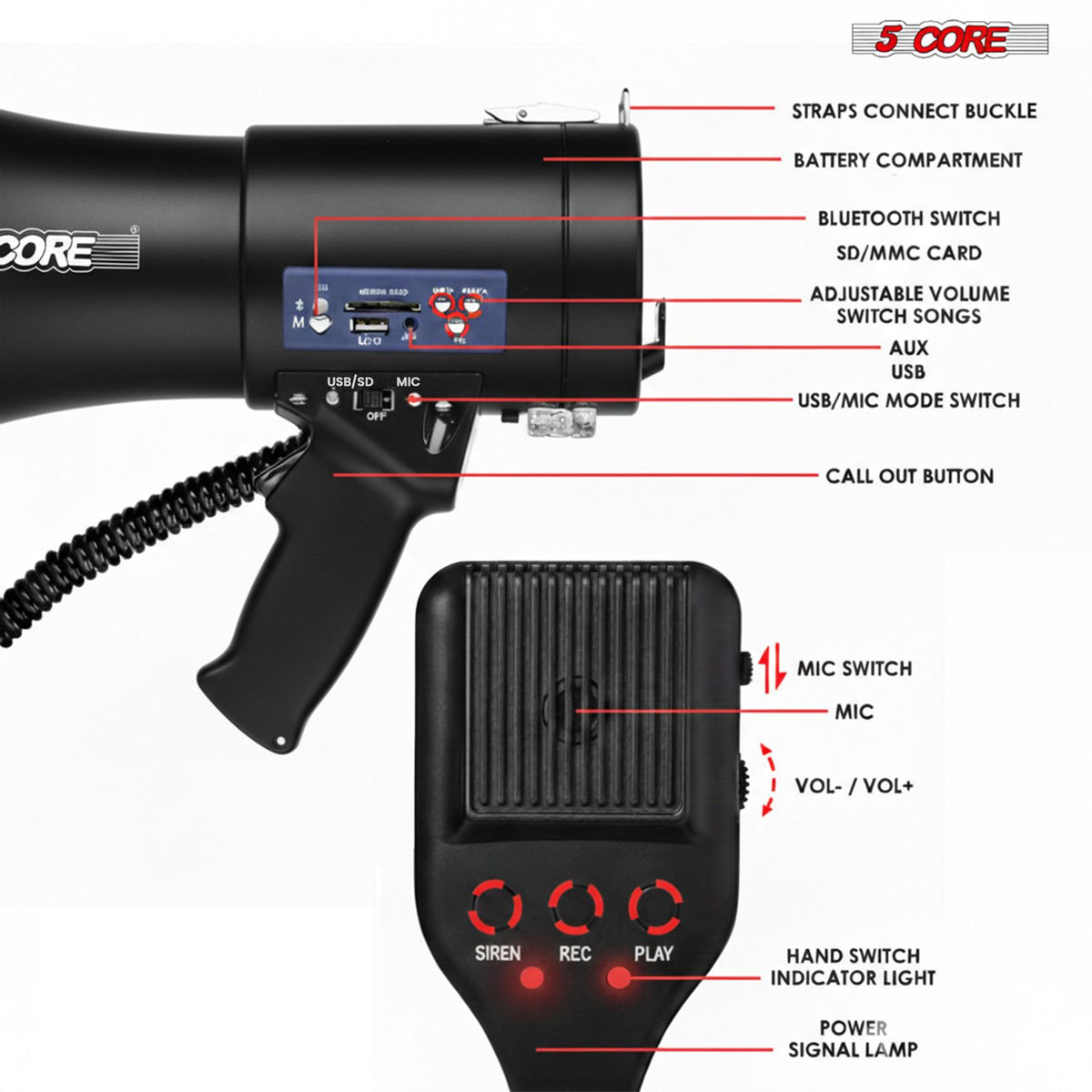 5 Core Megaphone 50W Bluetooth Rechargeable Portable Bullhorn 1100 Yards w Siren