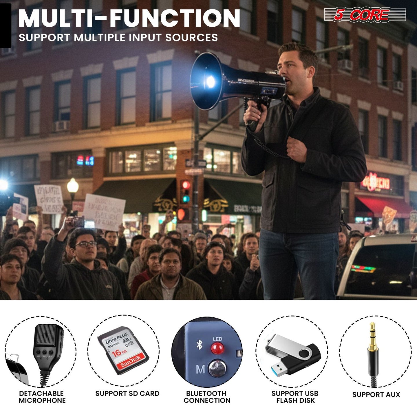 5 Core Megaphone 50W Bluetooth Rechargeable Portable Bullhorn 1100 Yards w Siren