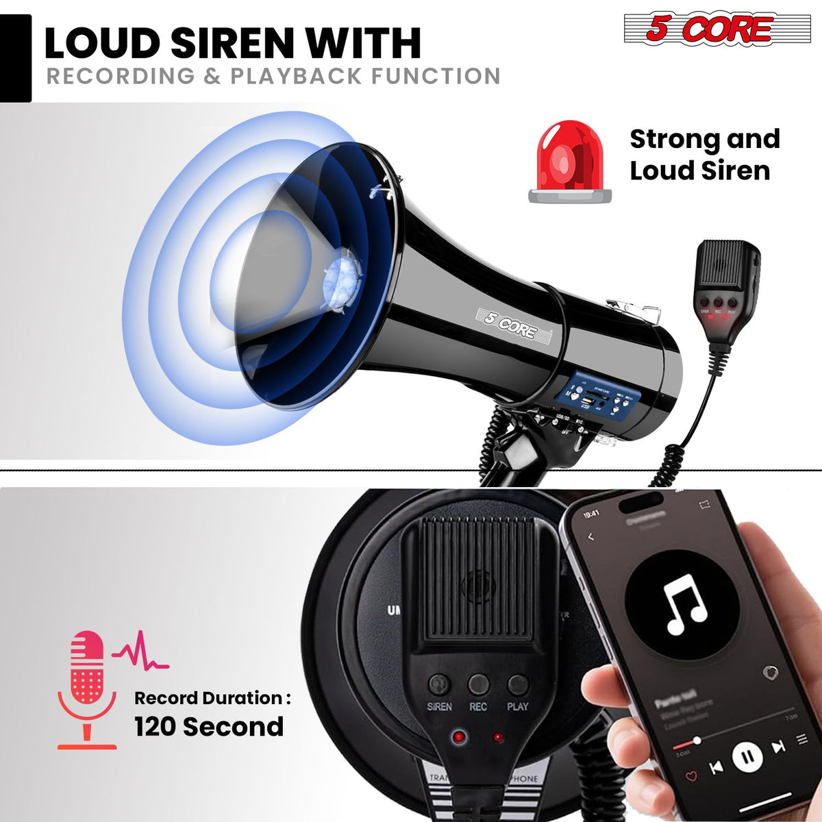 5 Core Megaphone 50W Bluetooth Rechargeable Portable Bullhorn 1100 Yards w Siren