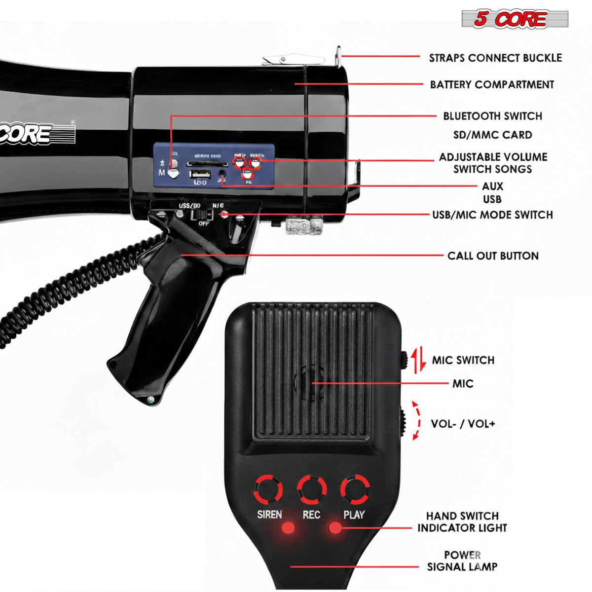 5 Core Megaphone 50W Bluetooth Rechargeable Portable Bullhorn 1100 Yards w Siren