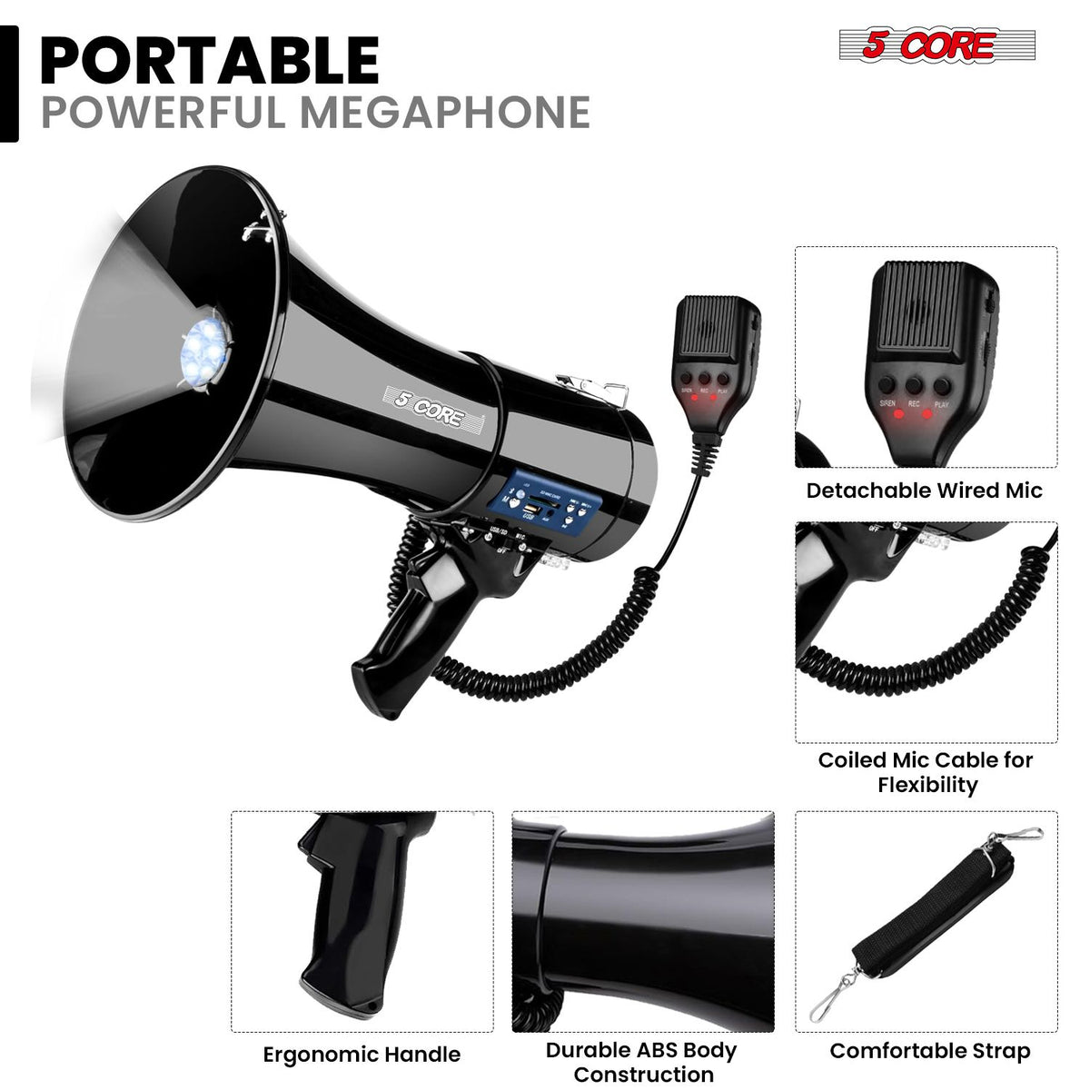 5 Core Megaphone 50W Bluetooth Rechargeable Portable Bullhorn 1100 Yards w Siren