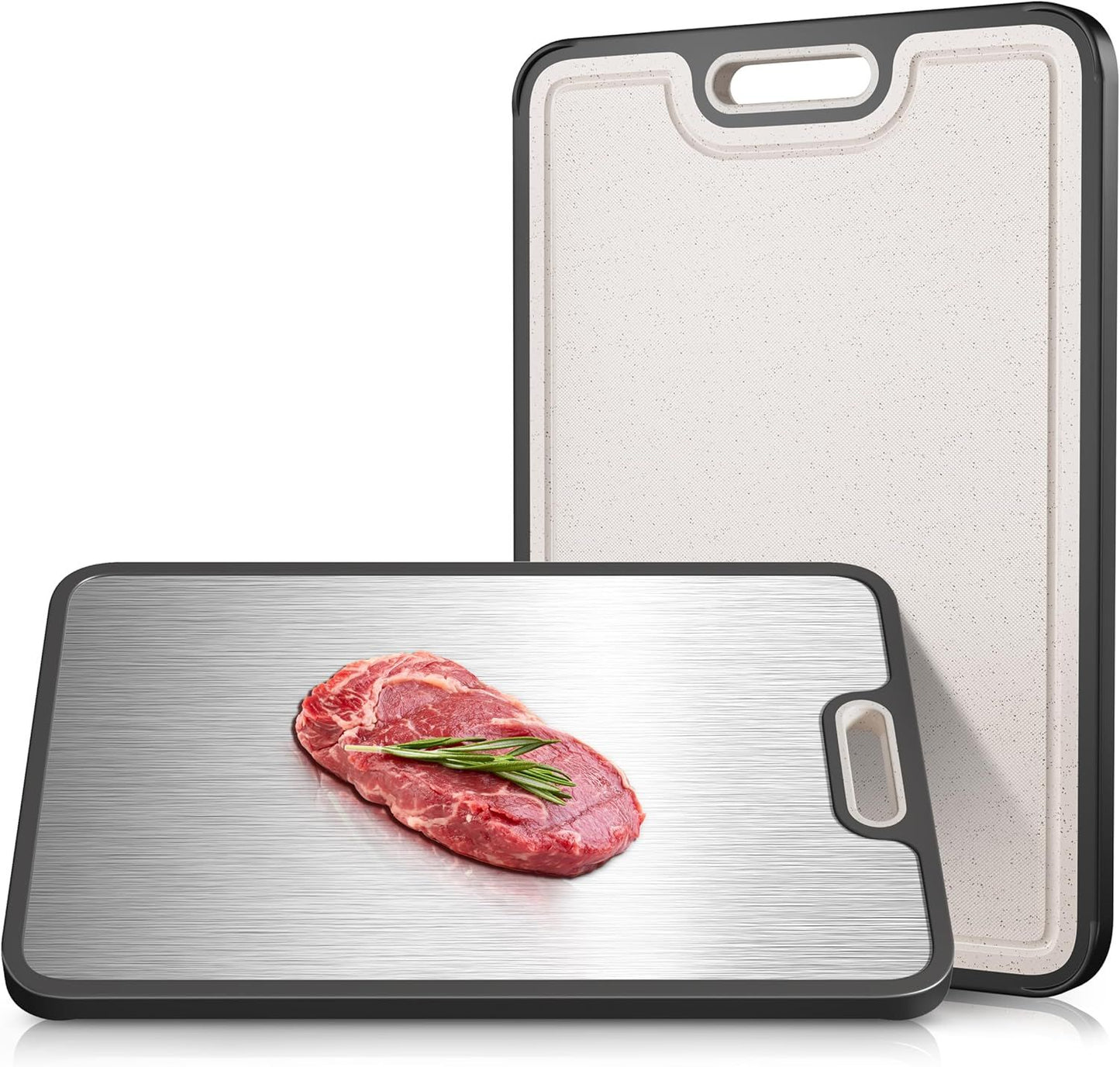 Double-Sided Titanium Cutting Board 15" x 10" with Non-Slip Silicone Edges & Drainage Channels