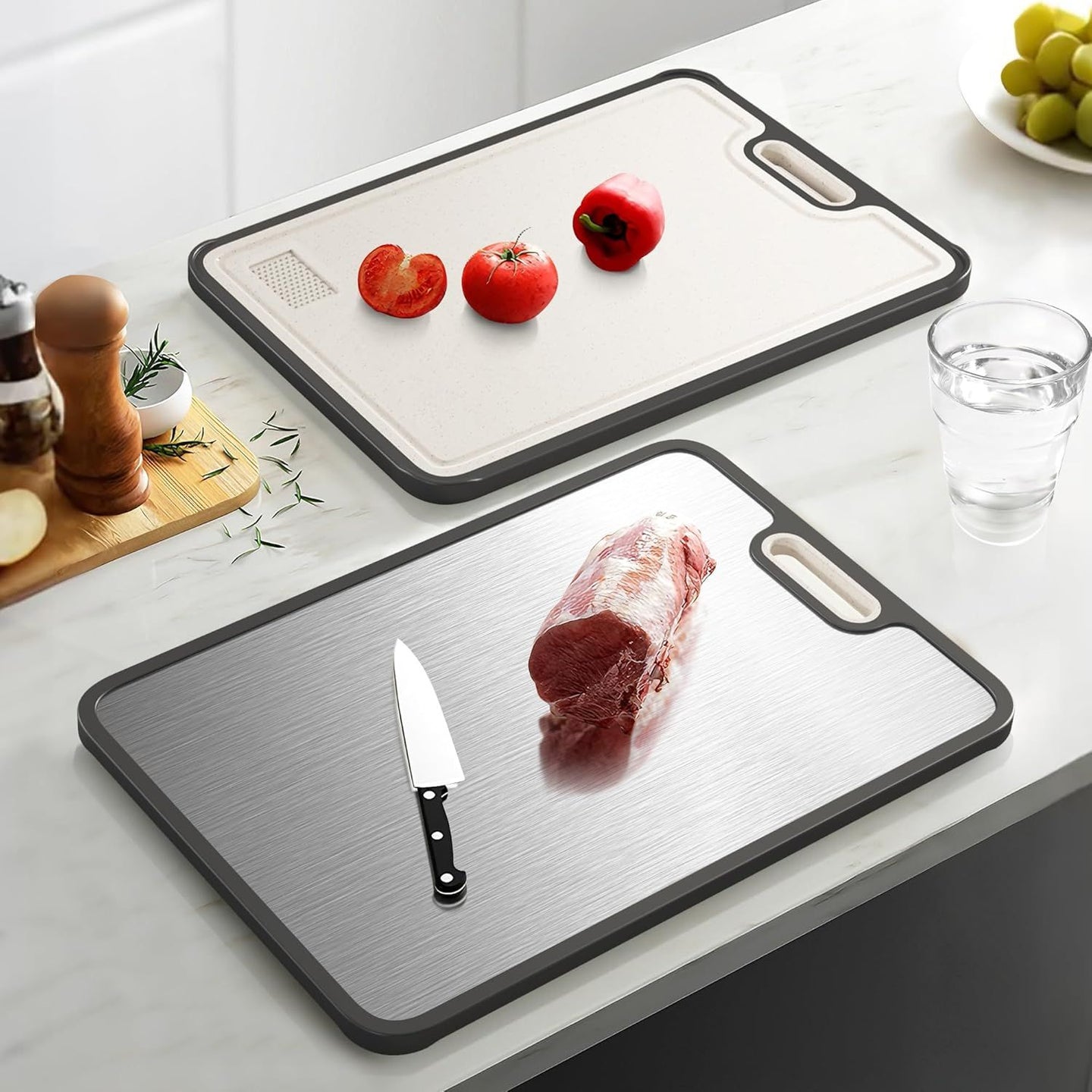 Double-Sided Titanium Cutting Board 15" x 10" with Non-Slip Silicone Edges & Drainage Channels