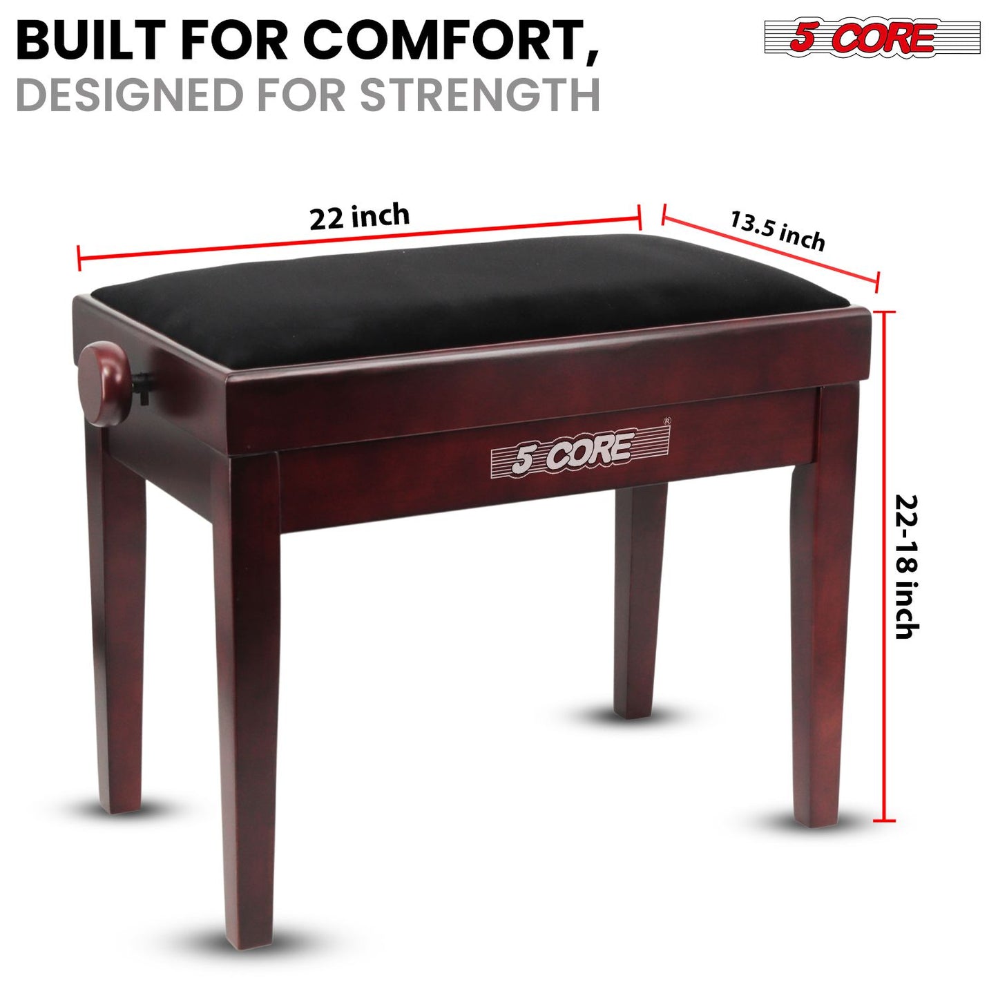 Adjustable Piano Bench - Padded Solid Wood Keyboard Stool (18"-22")