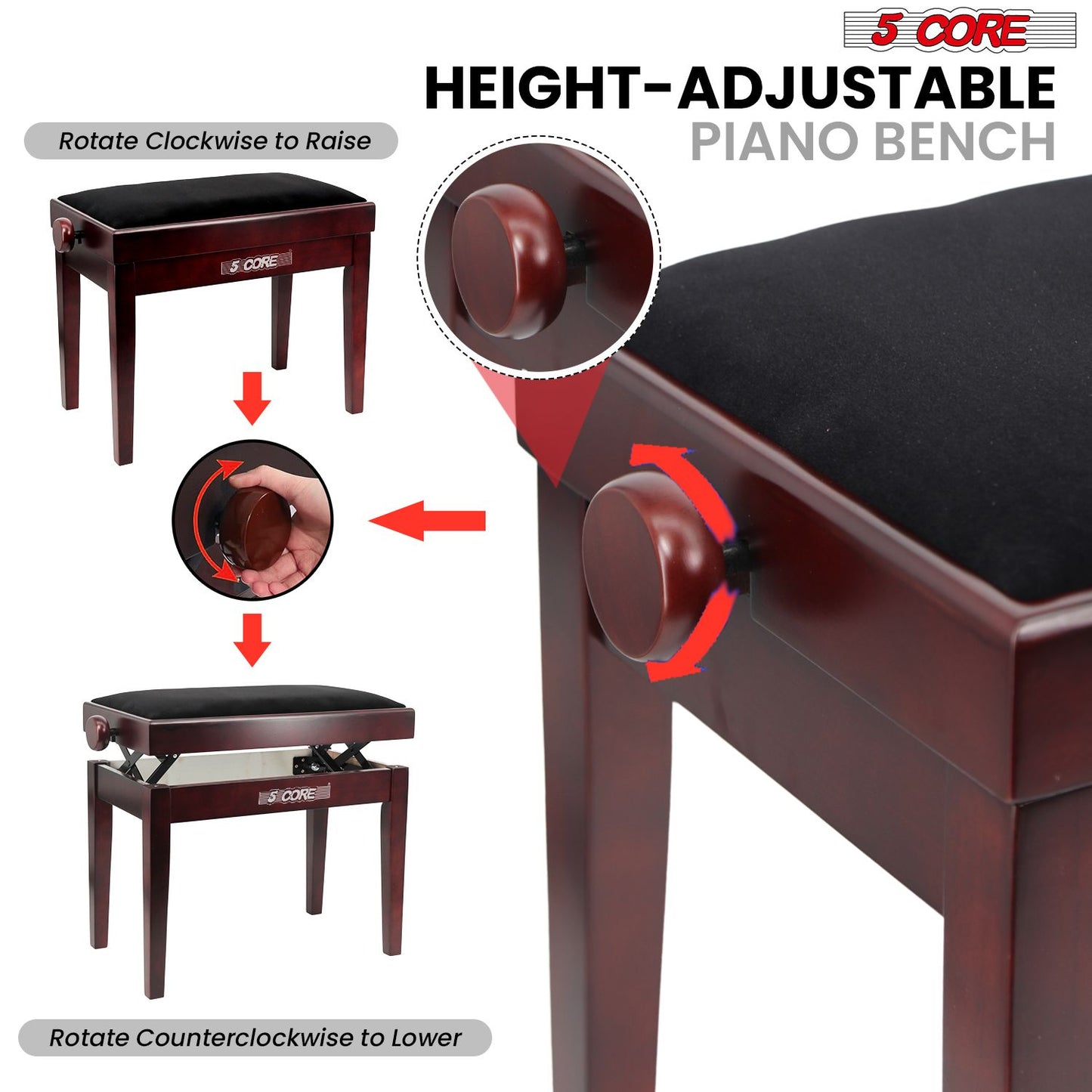 Adjustable Piano Bench - Padded Solid Wood Keyboard Stool (18"-22")