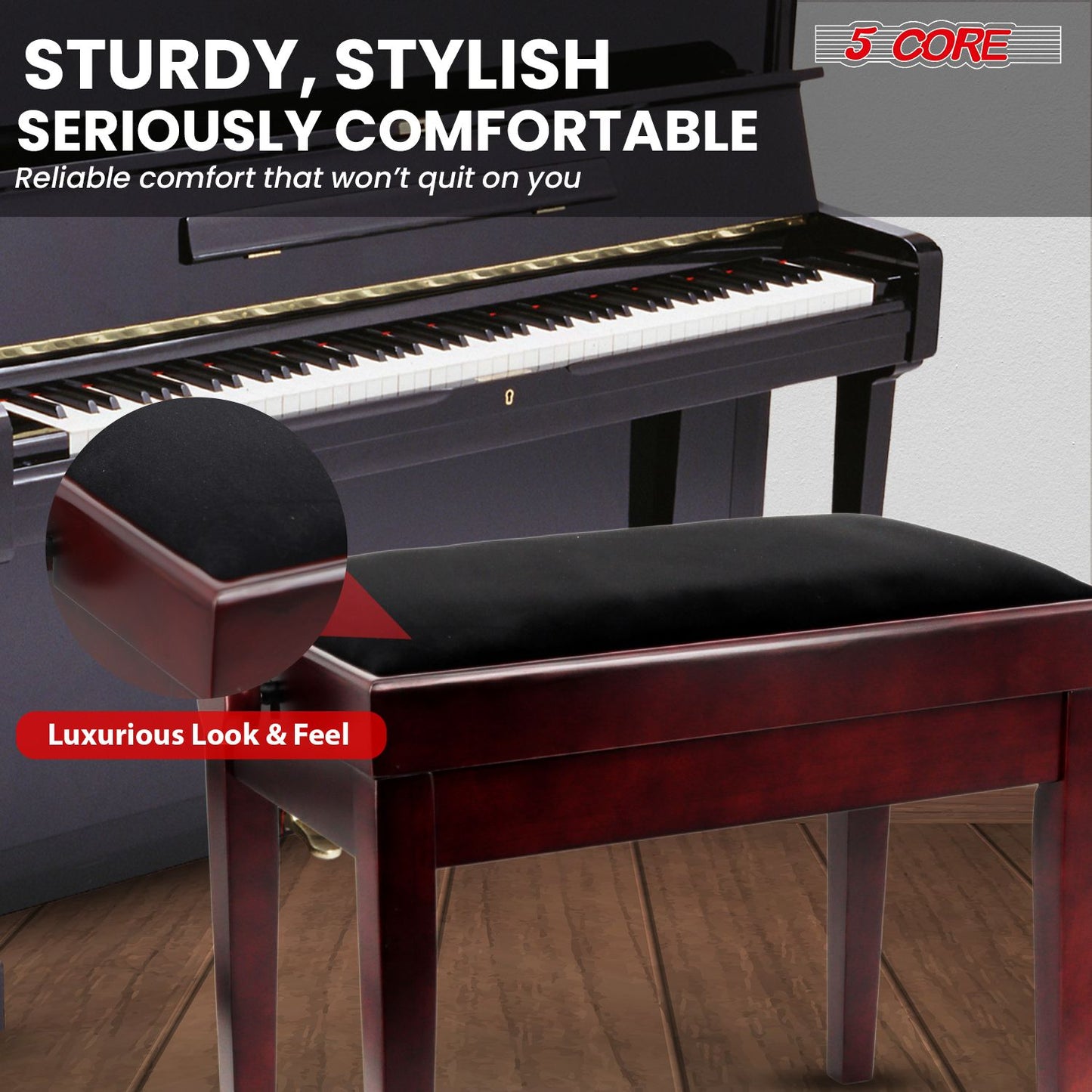 Adjustable Piano Bench - Padded Solid Wood Keyboard Stool (18"-22")