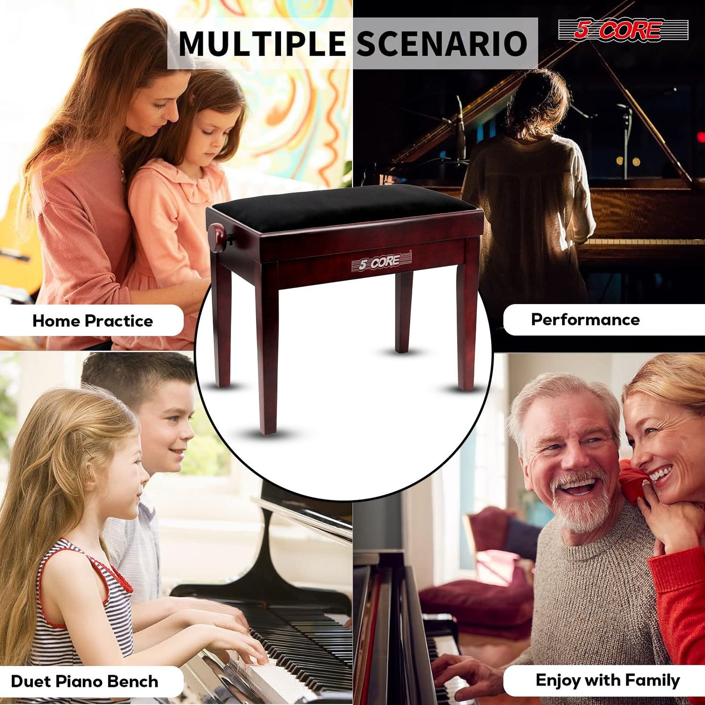 Adjustable Piano Bench - Padded Solid Wood Keyboard Stool (18"-22")