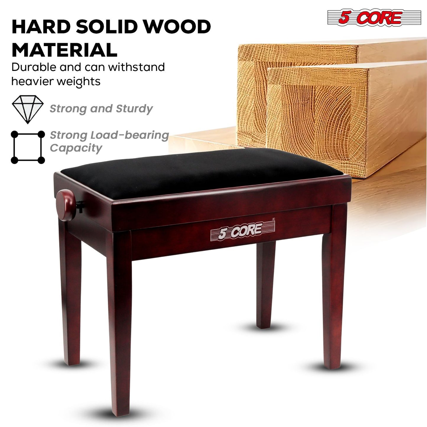 Adjustable Piano Bench - Padded Solid Wood Keyboard Stool (18"-22")