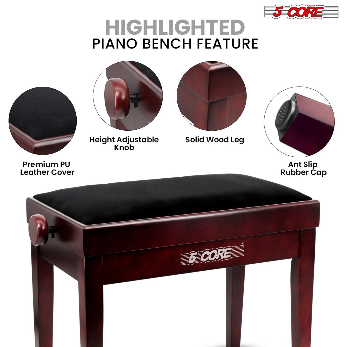 Adjustable Piano Bench - Padded Solid Wood Keyboard Stool (18"-22")