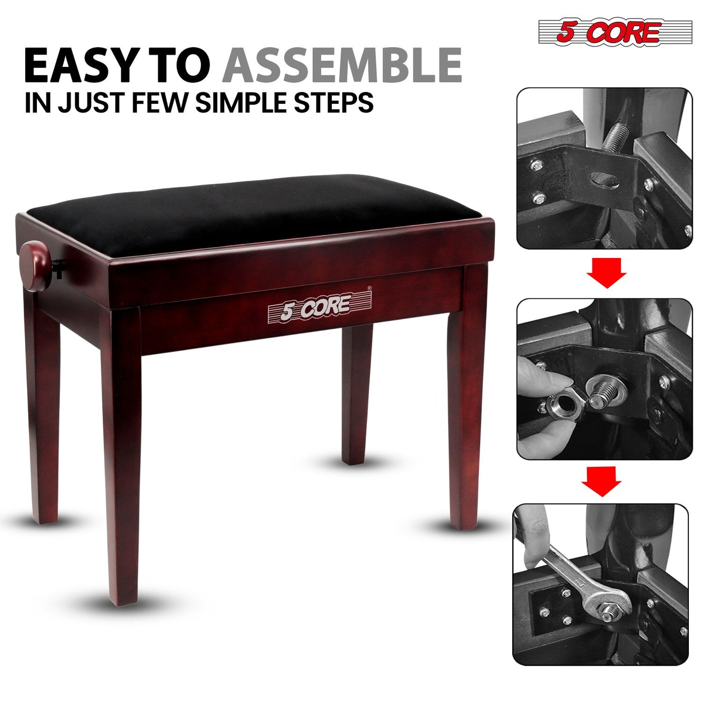 Adjustable Piano Bench - Padded Solid Wood Keyboard Stool (18"-22")