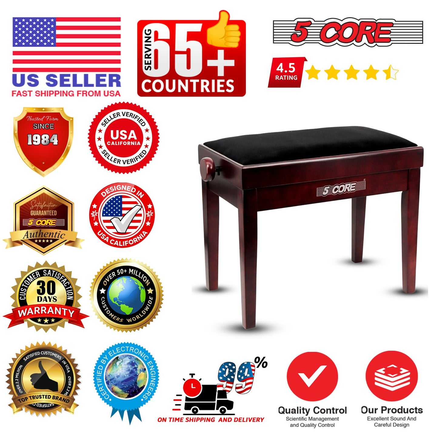 Adjustable Piano Bench - Padded Solid Wood Keyboard Stool (18"-22")