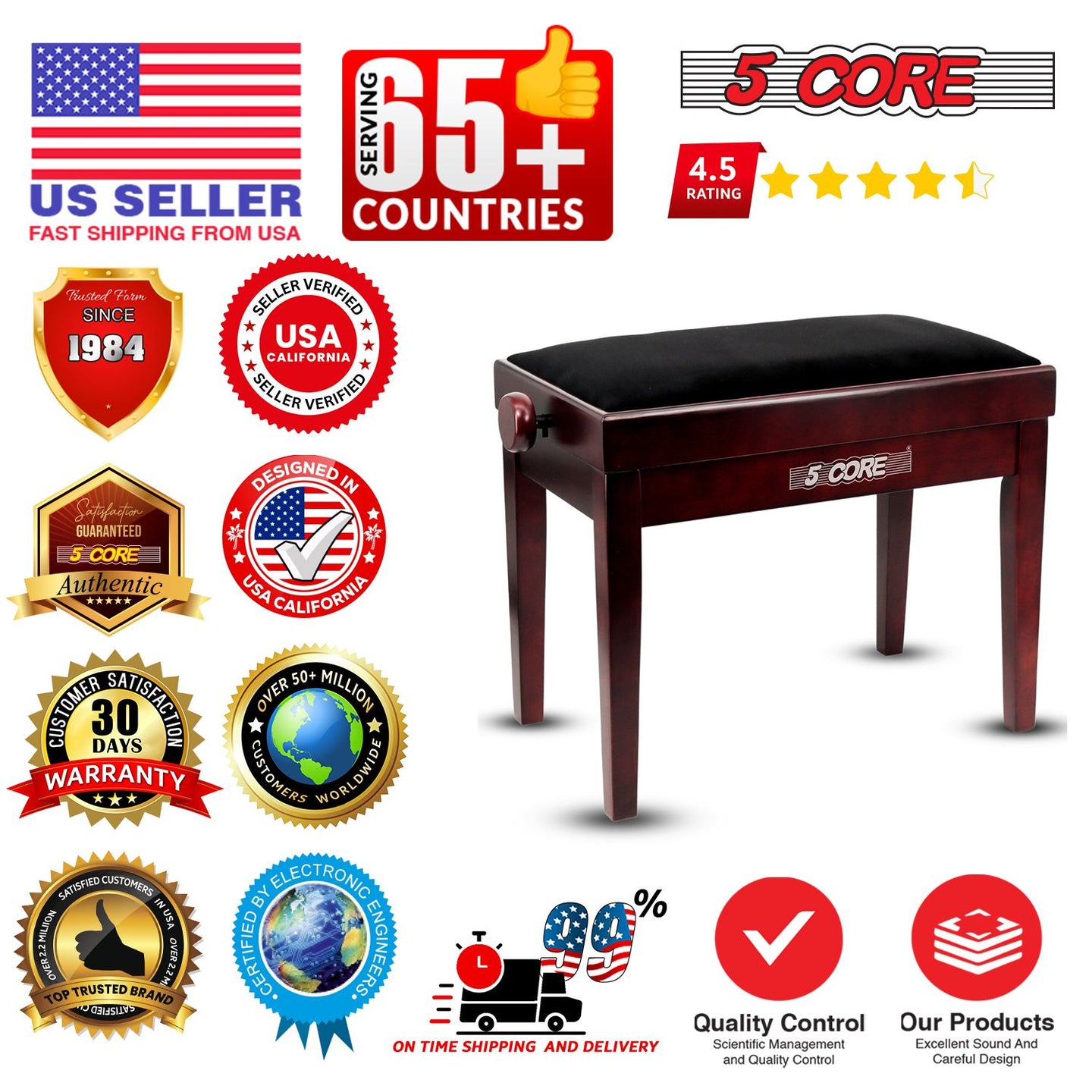 Adjustable Piano Bench - Padded Solid Wood Keyboard Stool (18"-22")