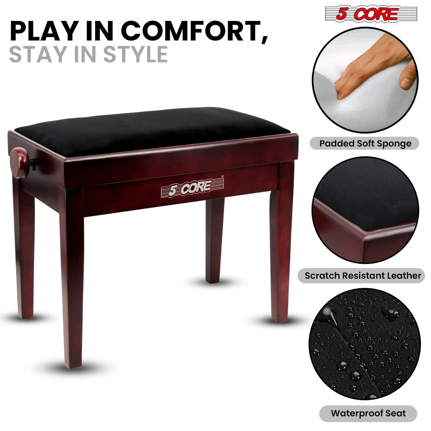 Adjustable Piano Bench - Padded Solid Wood Keyboard Stool (18"-22")