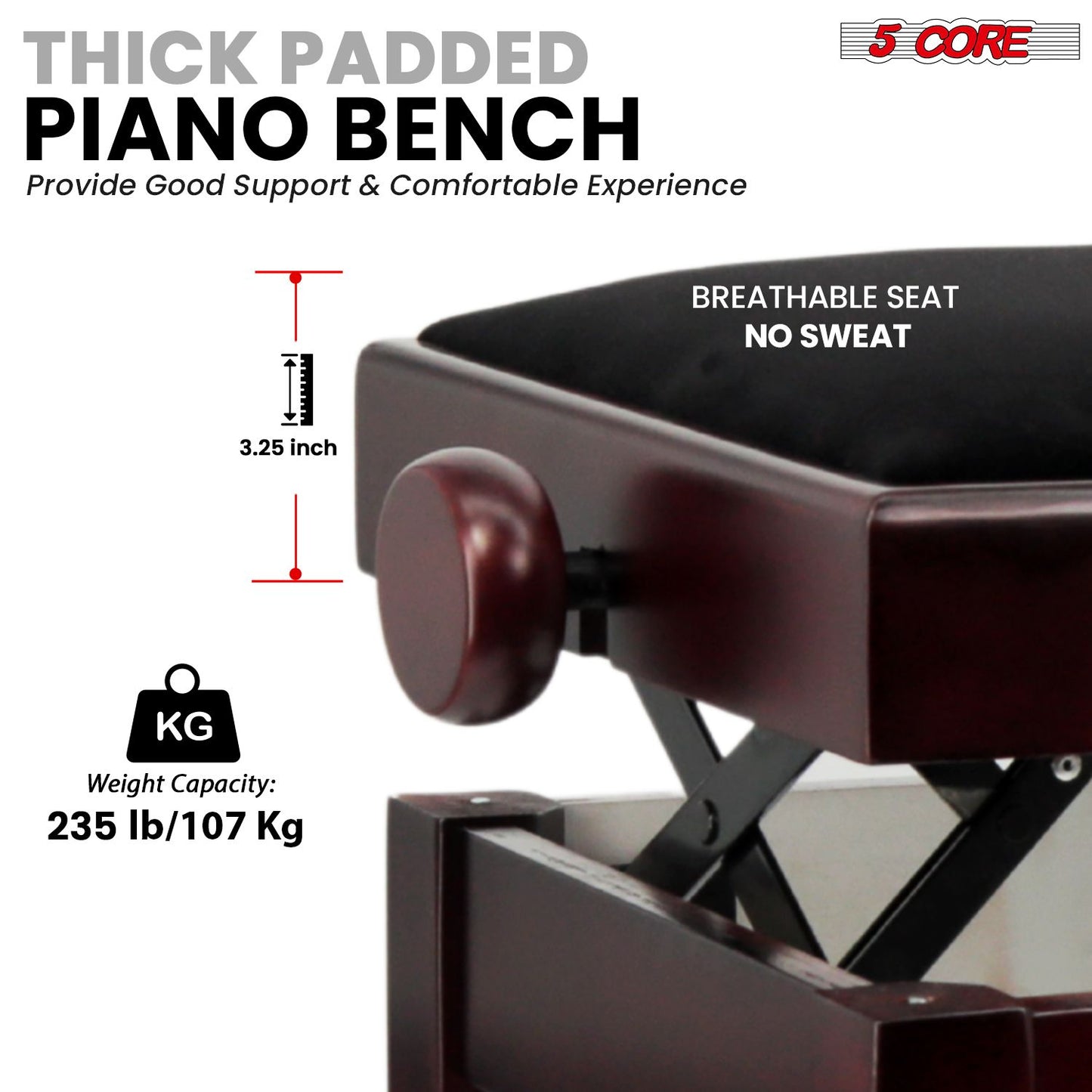 Adjustable Piano Bench - Padded Solid Wood Keyboard Stool (18"-22")
