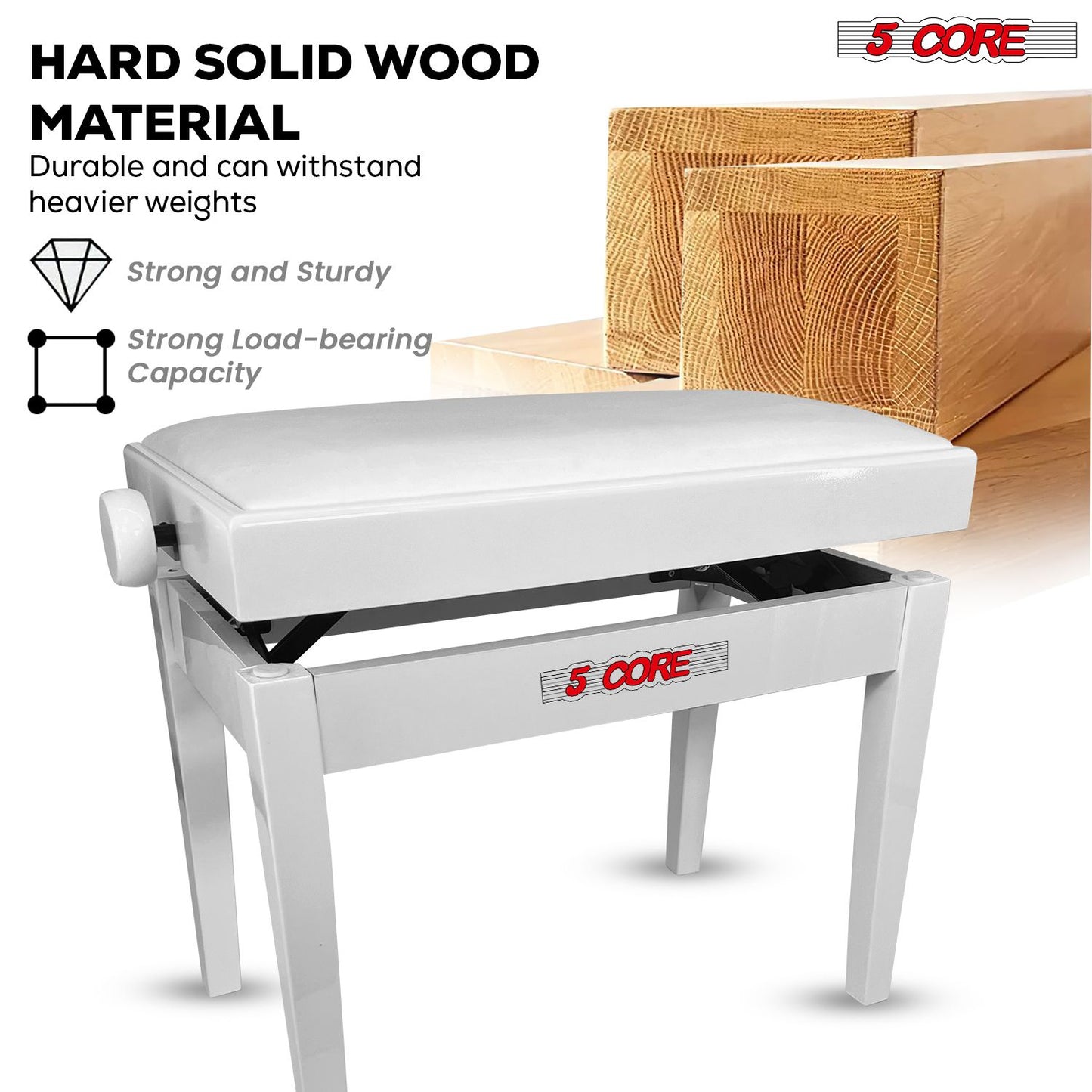 Adjustable Piano Bench - Padded Solid Wood Keyboard Stool (18"-22")