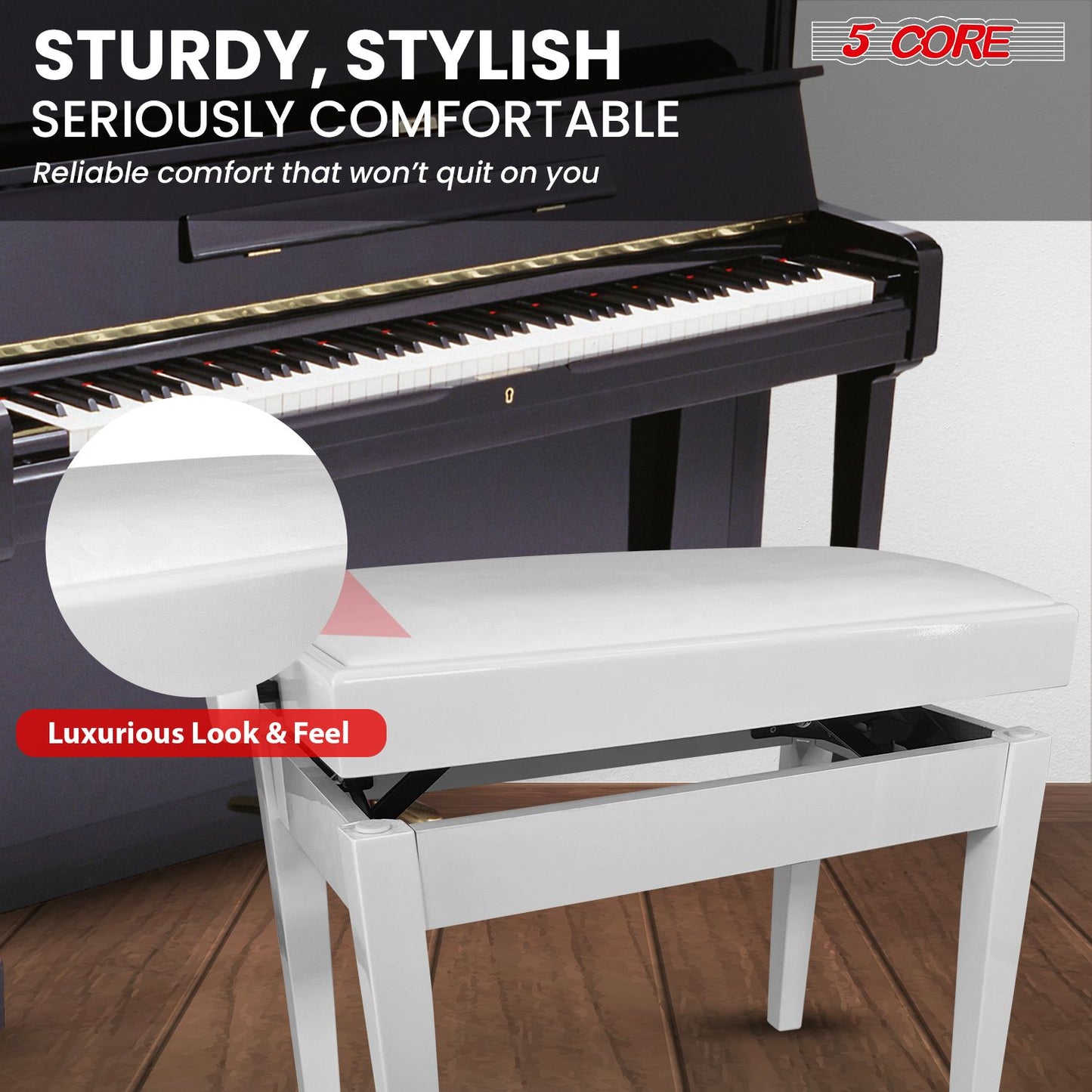 Adjustable Piano Bench - Padded Solid Wood Keyboard Stool (18"-22")