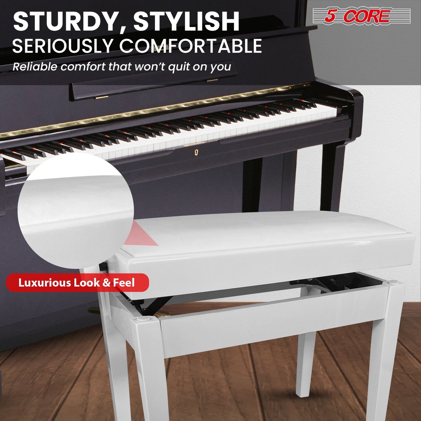 Adjustable Piano Bench - Padded Solid Wood Keyboard Stool (18"-22")