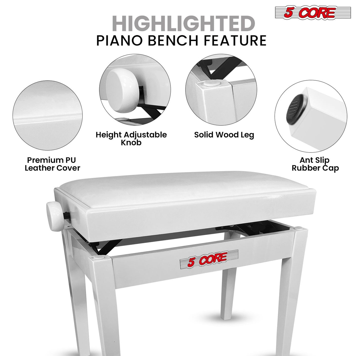 Adjustable Piano Bench - Padded Solid Wood Keyboard Stool (18"-22")