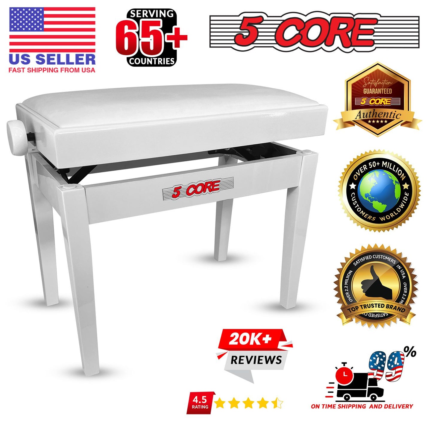 Adjustable Piano Bench - Padded Solid Wood Keyboard Stool (18"-22")