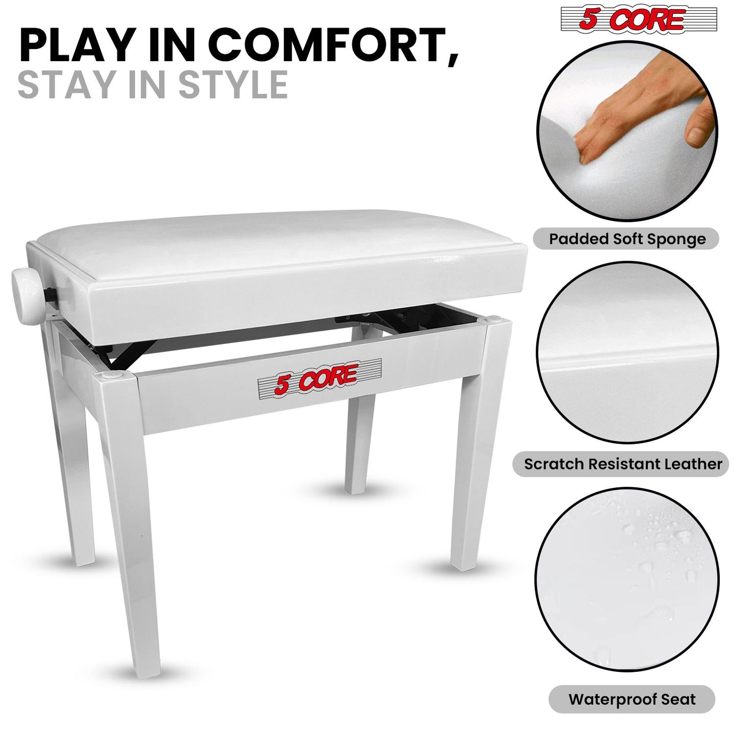 Adjustable Piano Bench - Padded Solid Wood Keyboard Stool (18"-22")