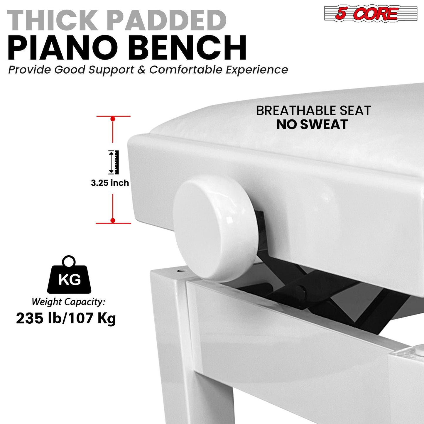 Adjustable Piano Bench - Padded Solid Wood Keyboard Stool (18"-22")
