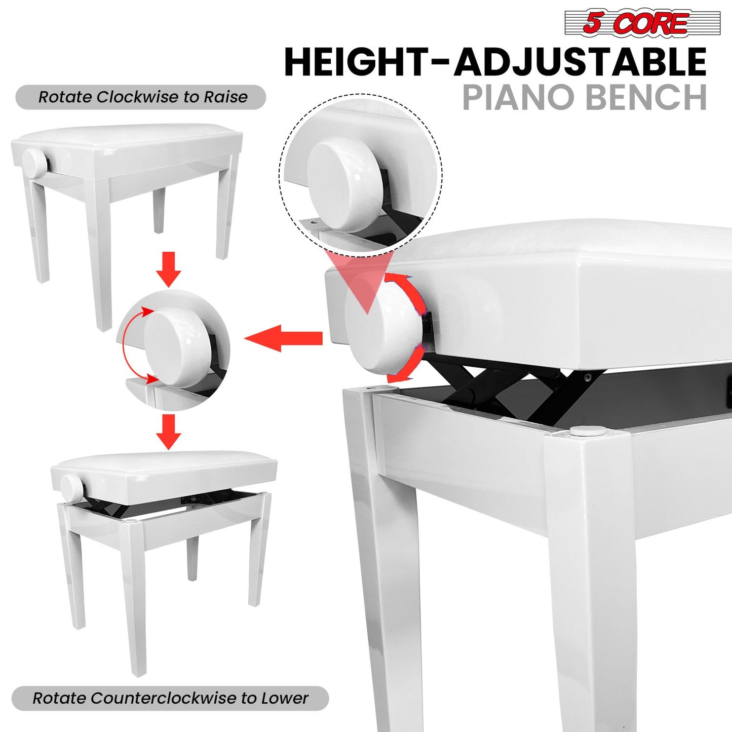 Adjustable Piano Bench - Padded Solid Wood Keyboard Stool (18"-22")