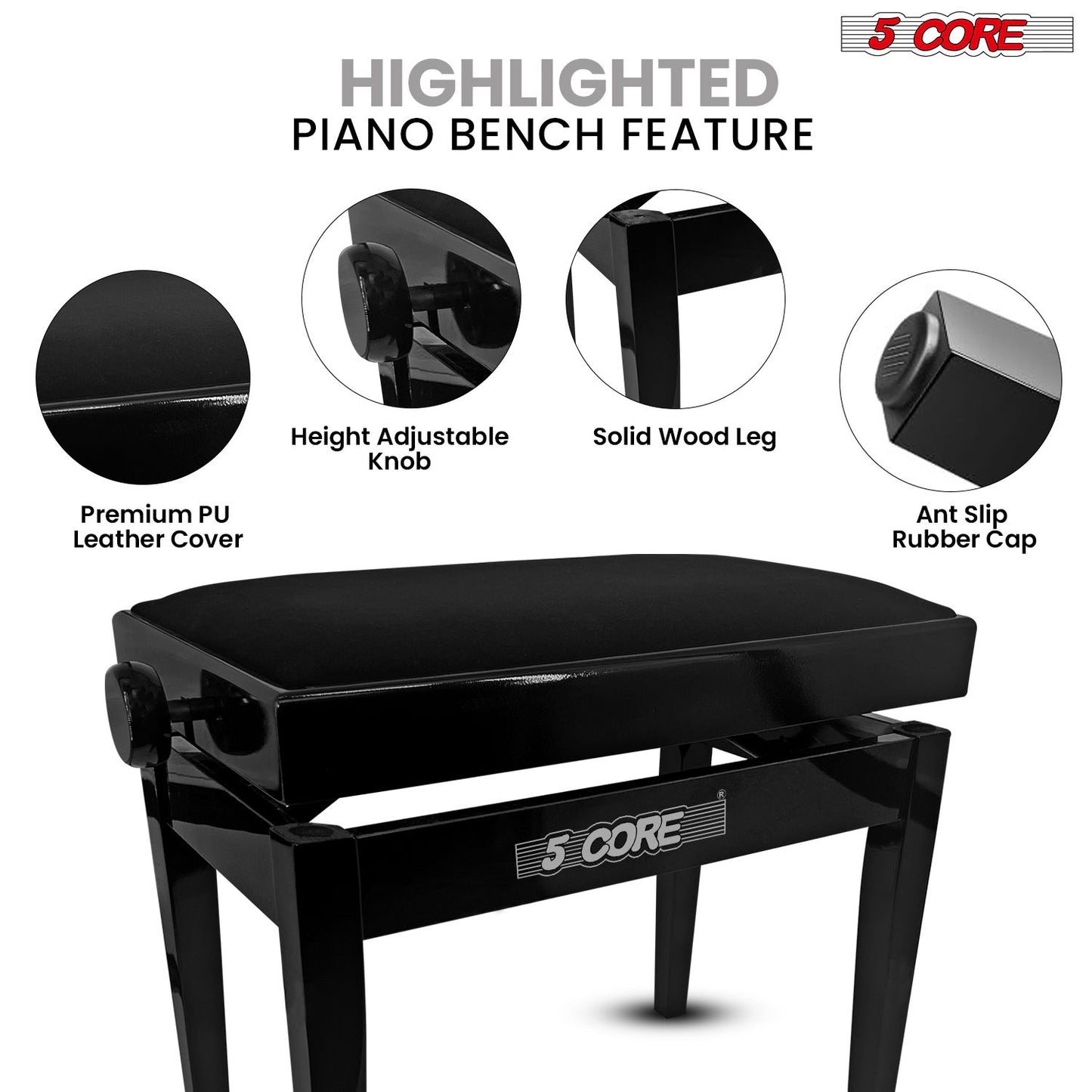 Adjustable Piano Bench - Padded Solid Wood Keyboard Stool (18"-22")