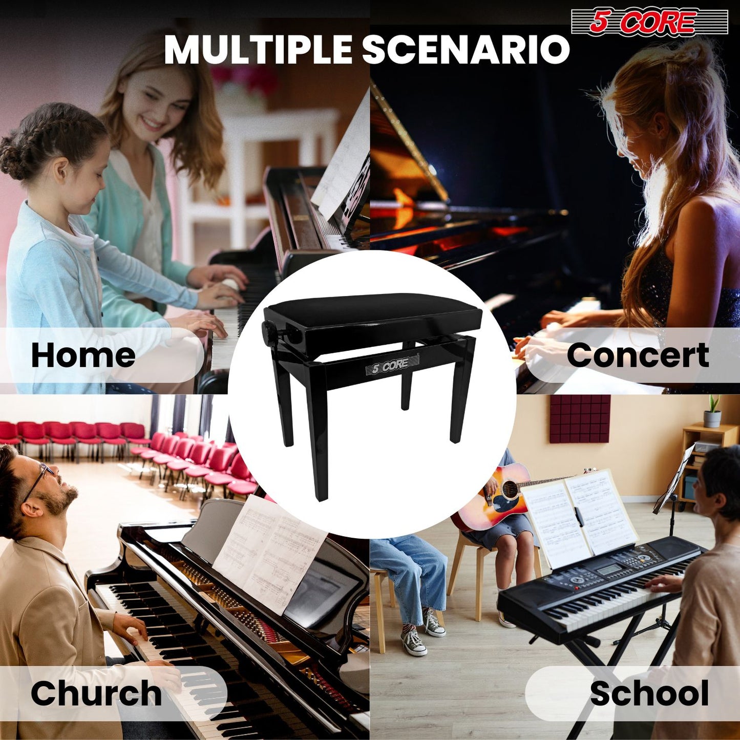 Adjustable Piano Bench - Padded Solid Wood Keyboard Stool (18"-22")