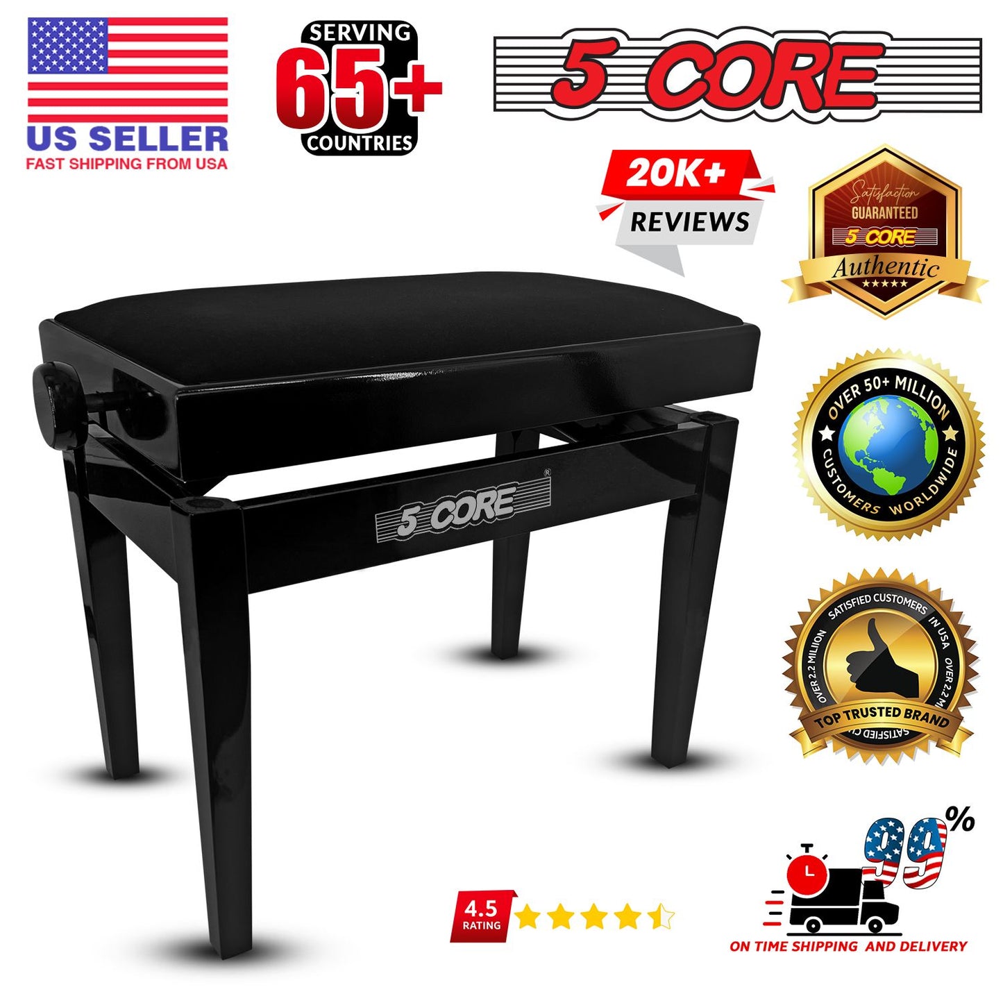Adjustable Piano Bench - Padded Solid Wood Keyboard Stool (18"-22")