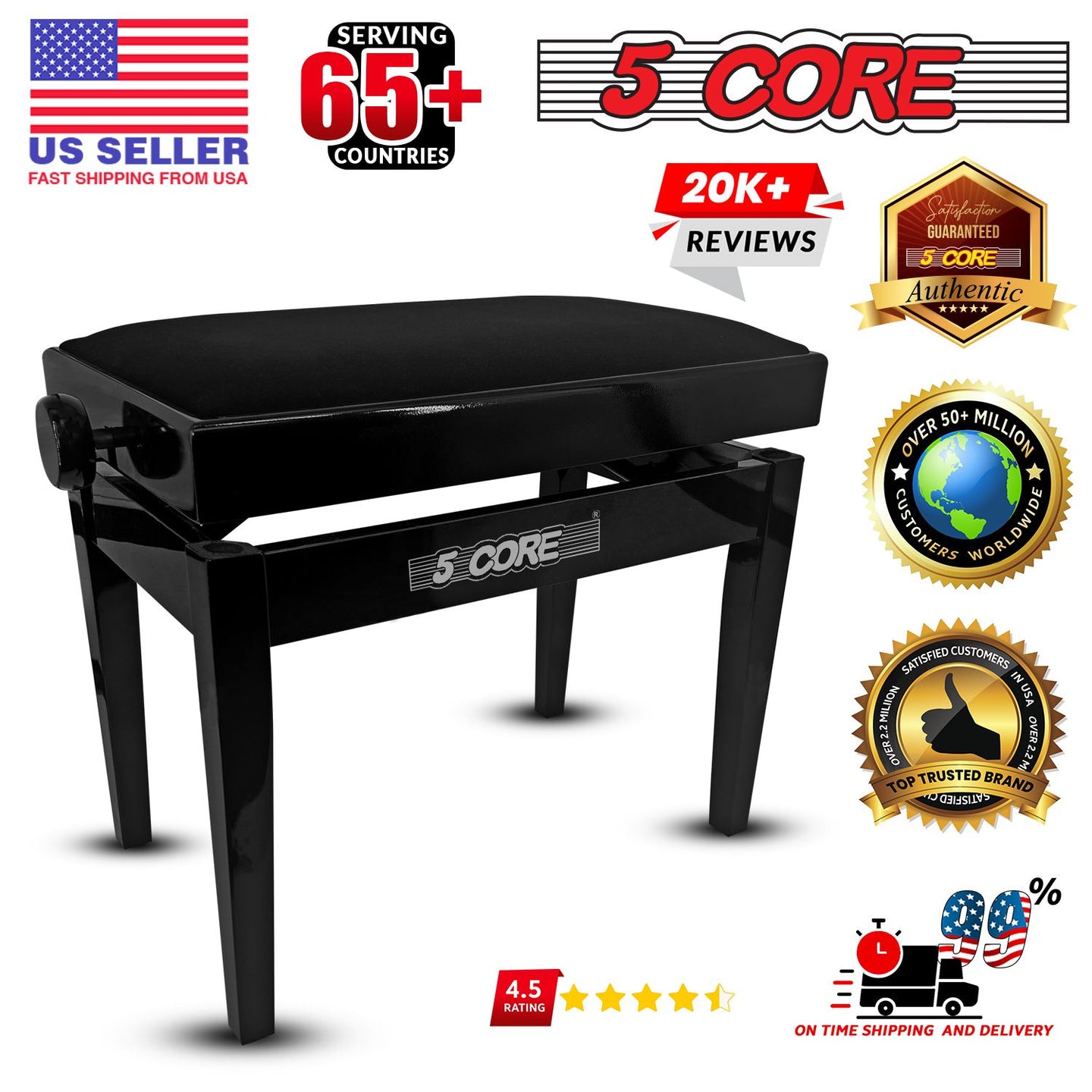 Adjustable Piano Bench - Padded Solid Wood Keyboard Stool (18"-22")