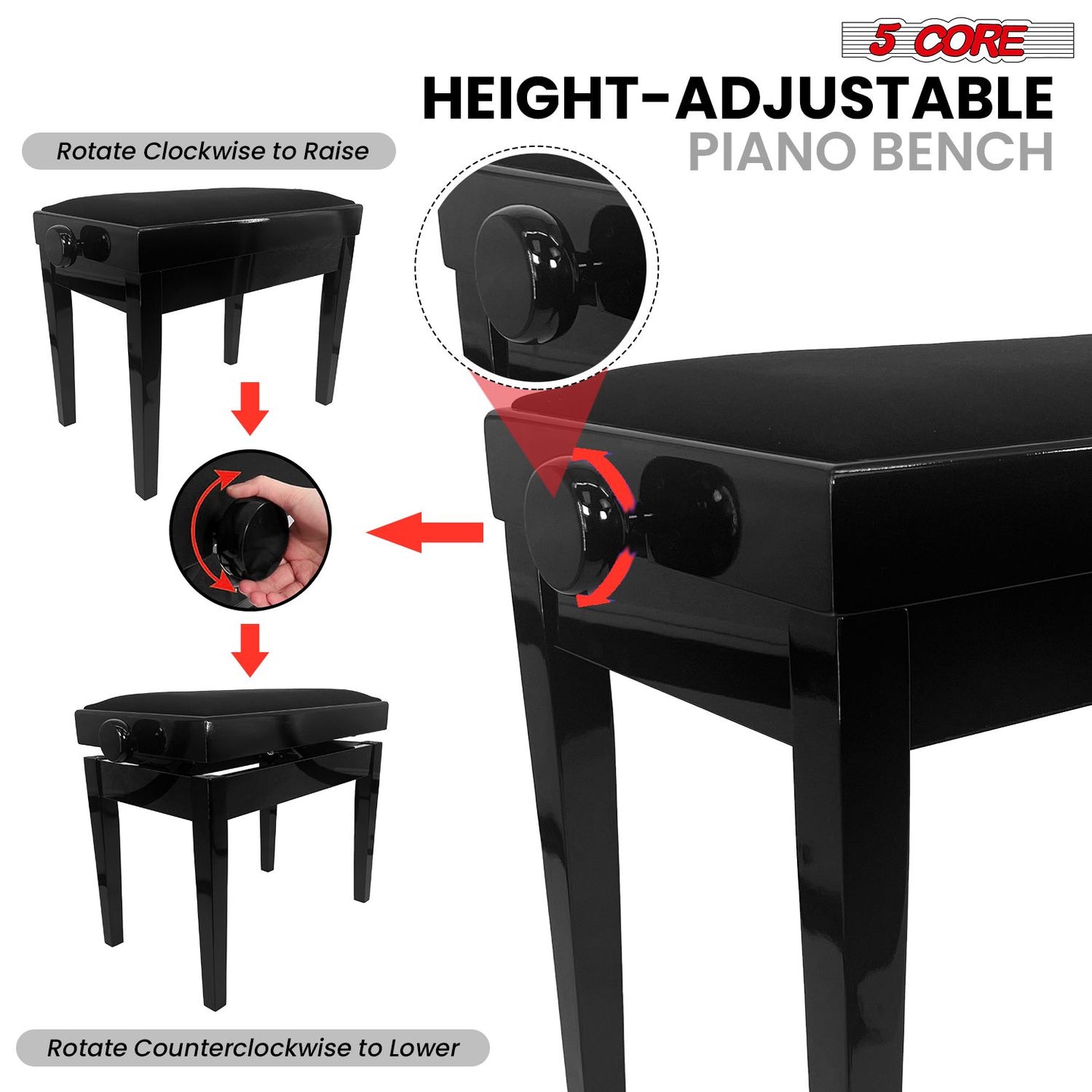 Adjustable Piano Bench - Padded Solid Wood Keyboard Stool (18"-22")