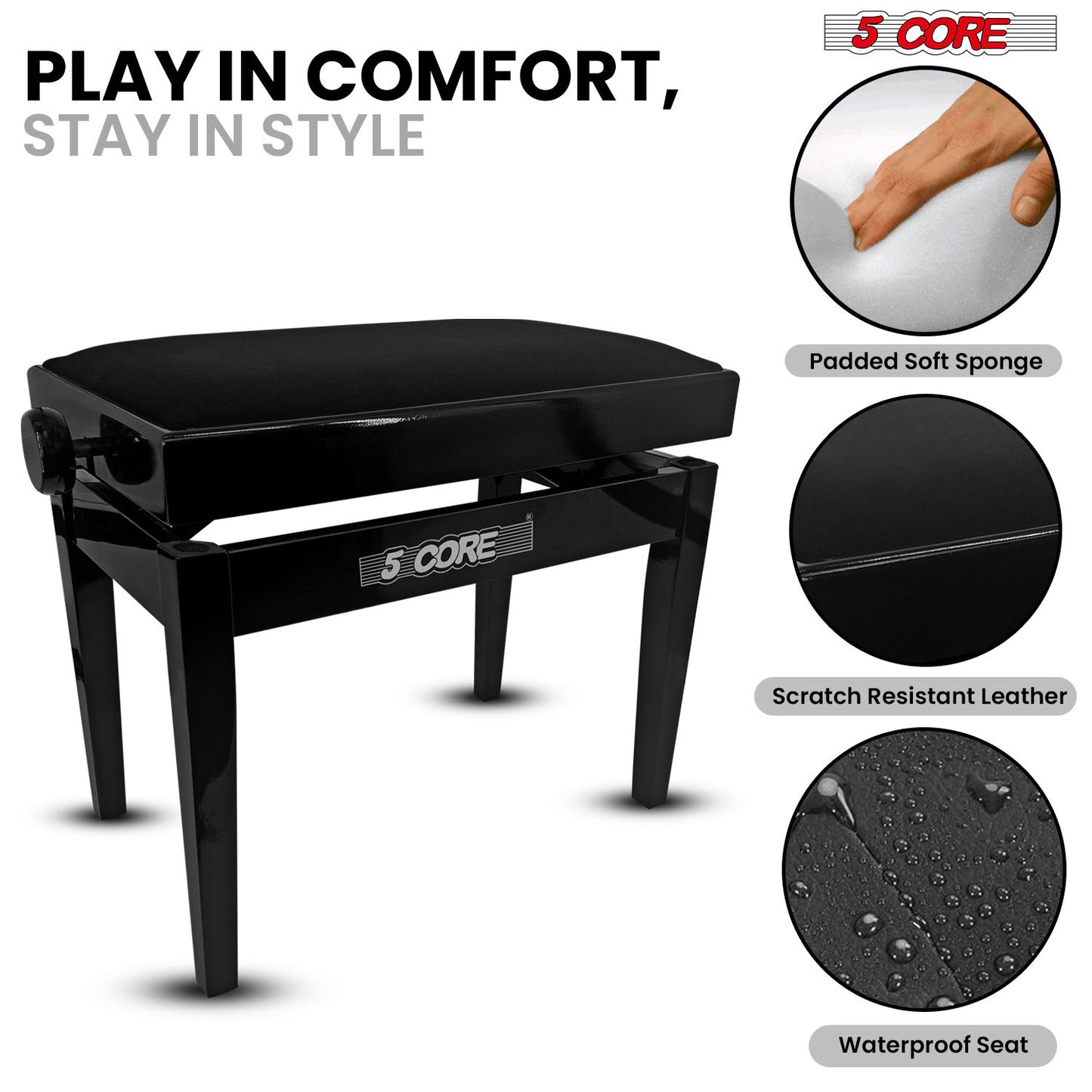 Adjustable Piano Bench - Padded Solid Wood Keyboard Stool (18"-22")