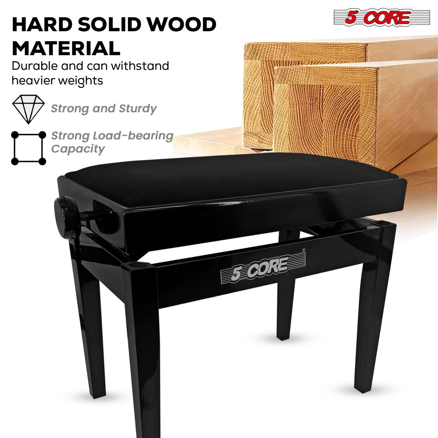 Adjustable Piano Bench - Padded Solid Wood Keyboard Stool (18"-22")