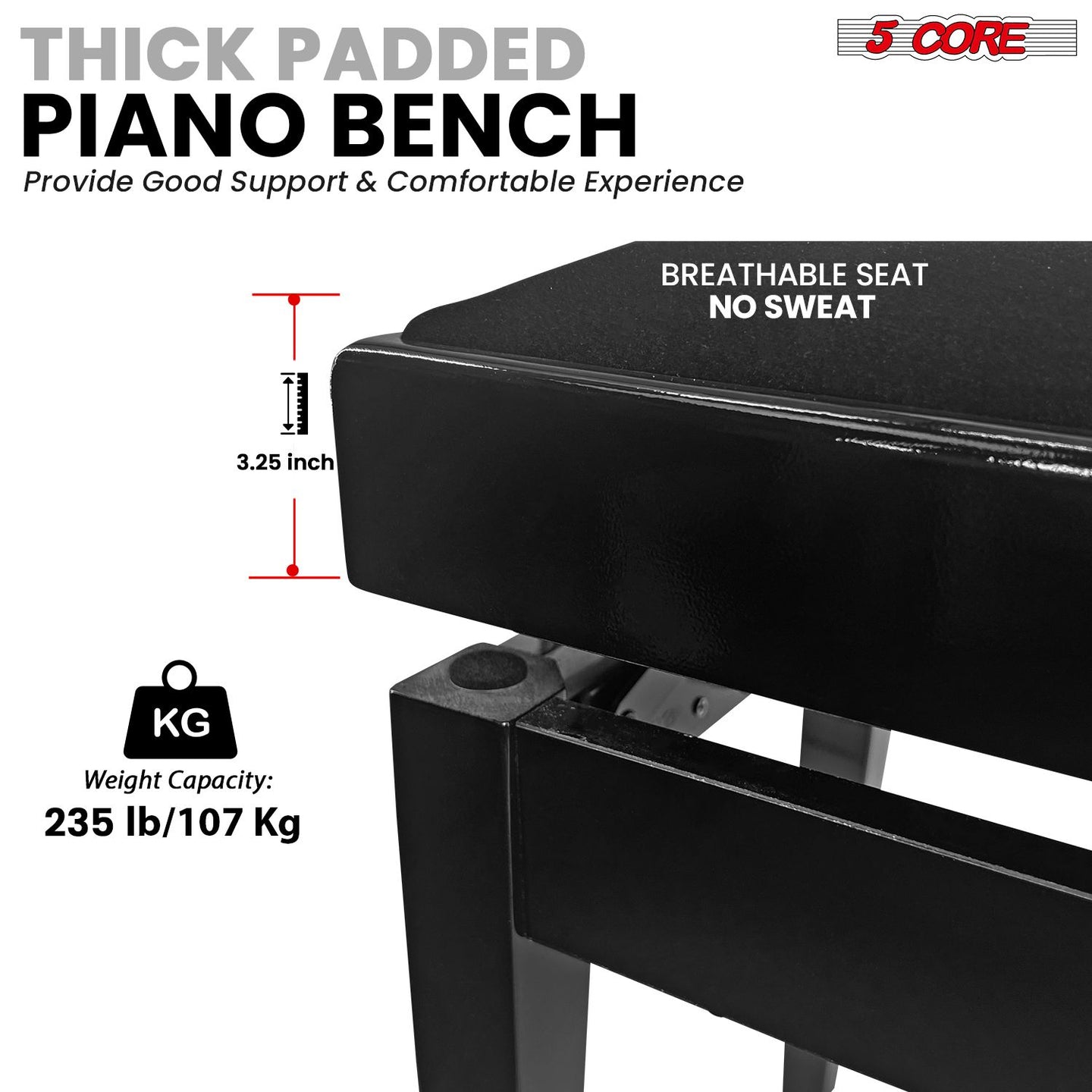 Adjustable Piano Bench - Padded Solid Wood Keyboard Stool (18"-22")