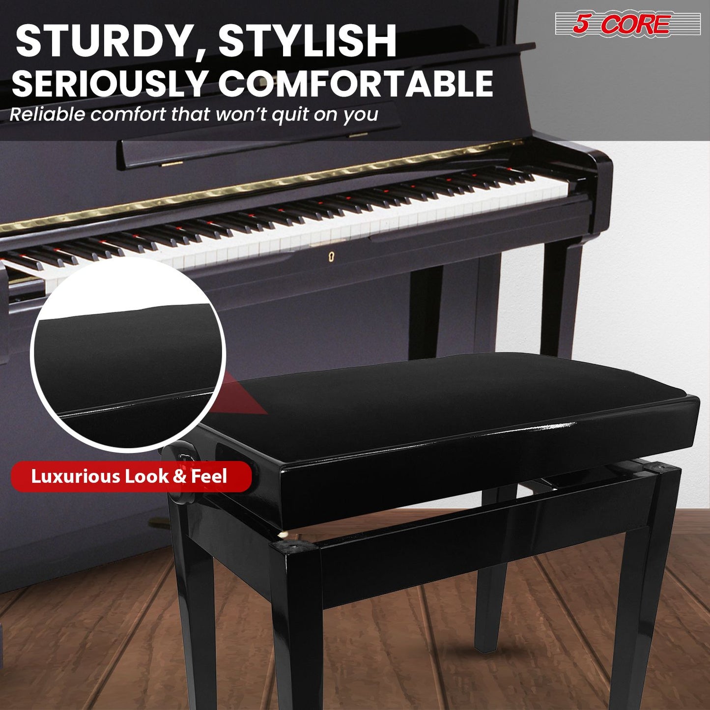 Adjustable Piano Bench - Padded Solid Wood Keyboard Stool (18"-22")