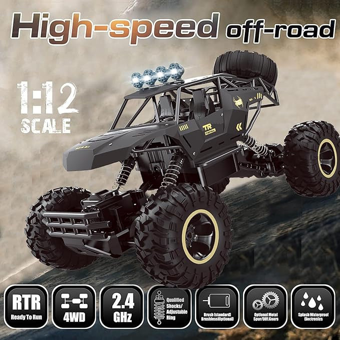 RC Rock Crawler Monster Truck 1:12 Scale 4WD Remote Control Car with 2 Batteries