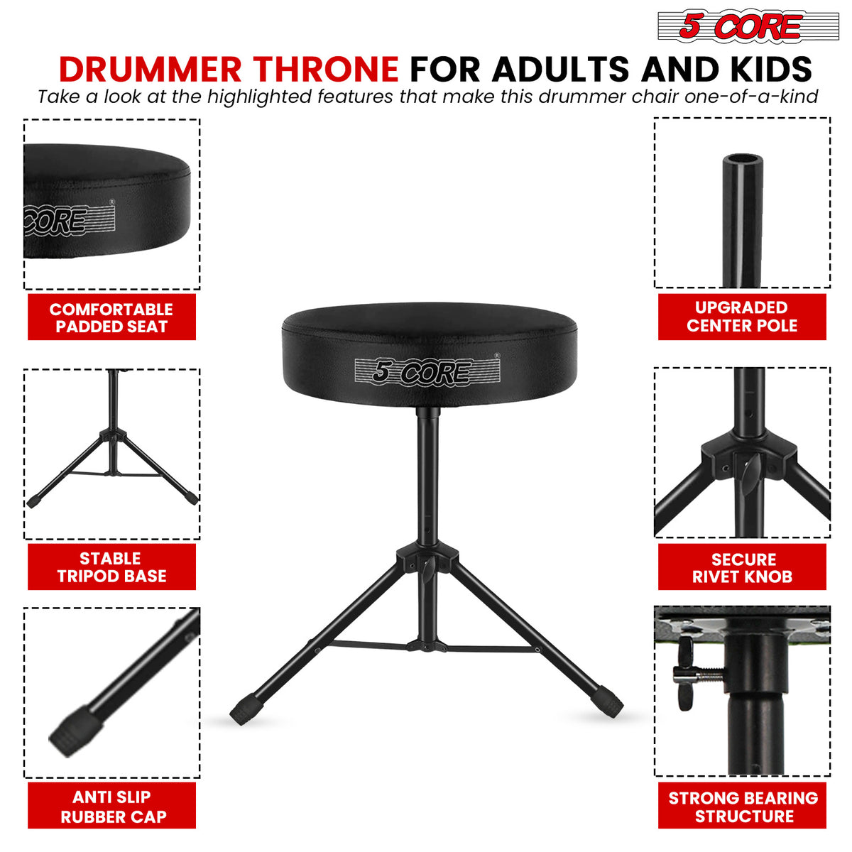5 Core Drum Throne Padded Guitar Stool Height Adjustable Drummer Seat Music Chair for Adults And Kids - DS 01